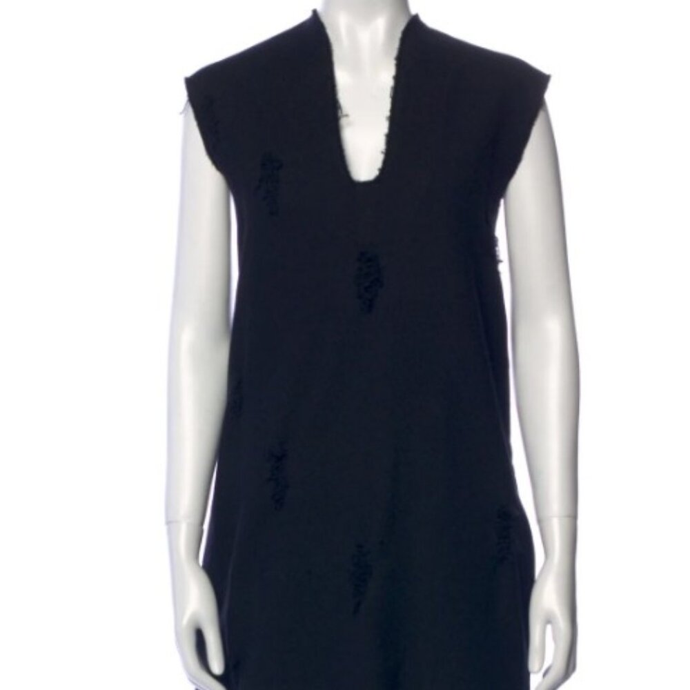 Alexander Wang Shift Dress Black Distressed Accents V-Neck Exposed Zipper